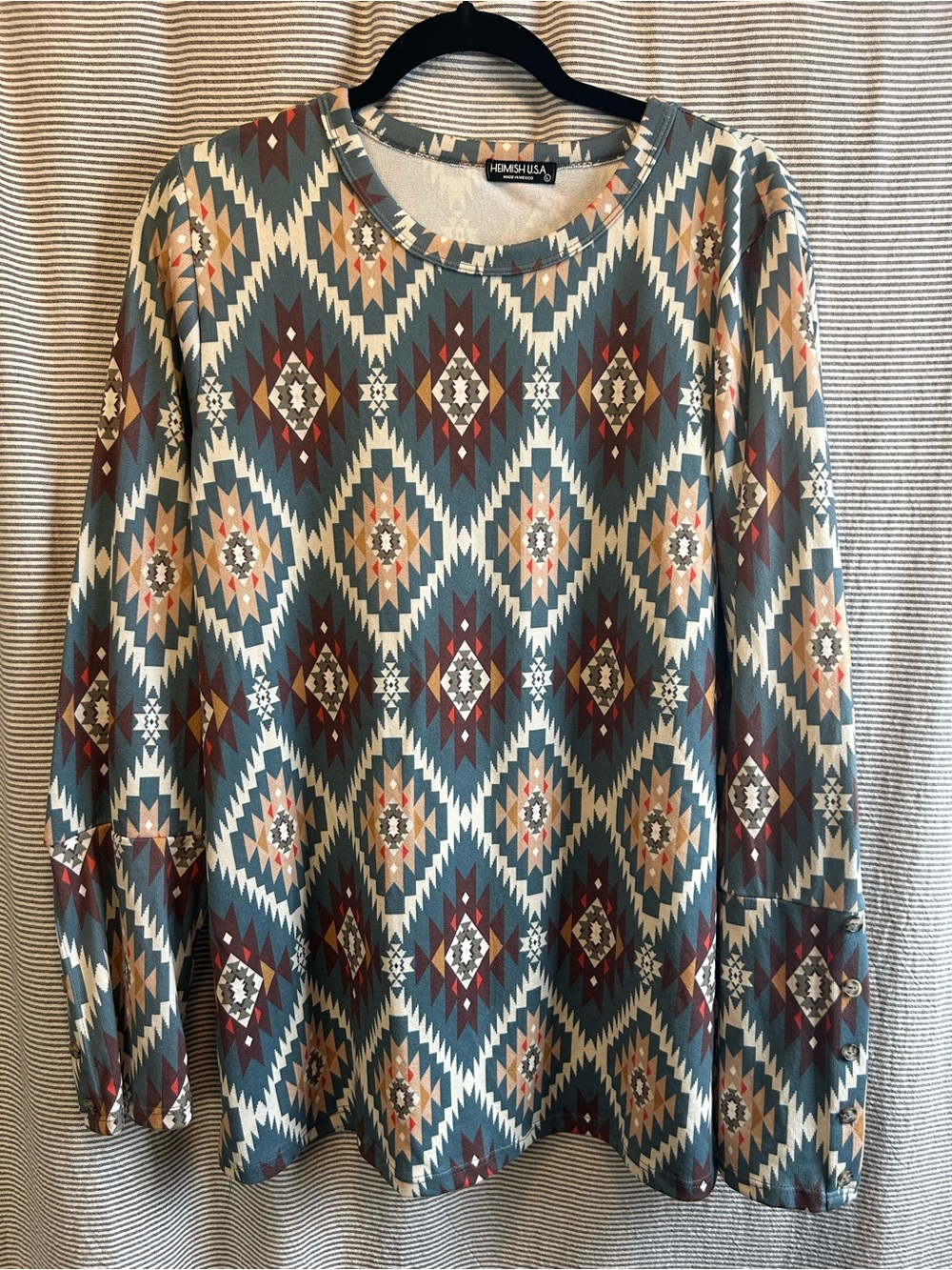 Women's Teal Aztec Print Long Sleeve Shirt